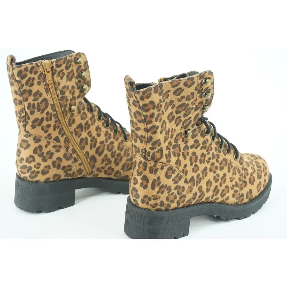 Mia Miki Combat Leopard Print Lug Ankle Boots Size 6.5 Zip Lace Up Brown